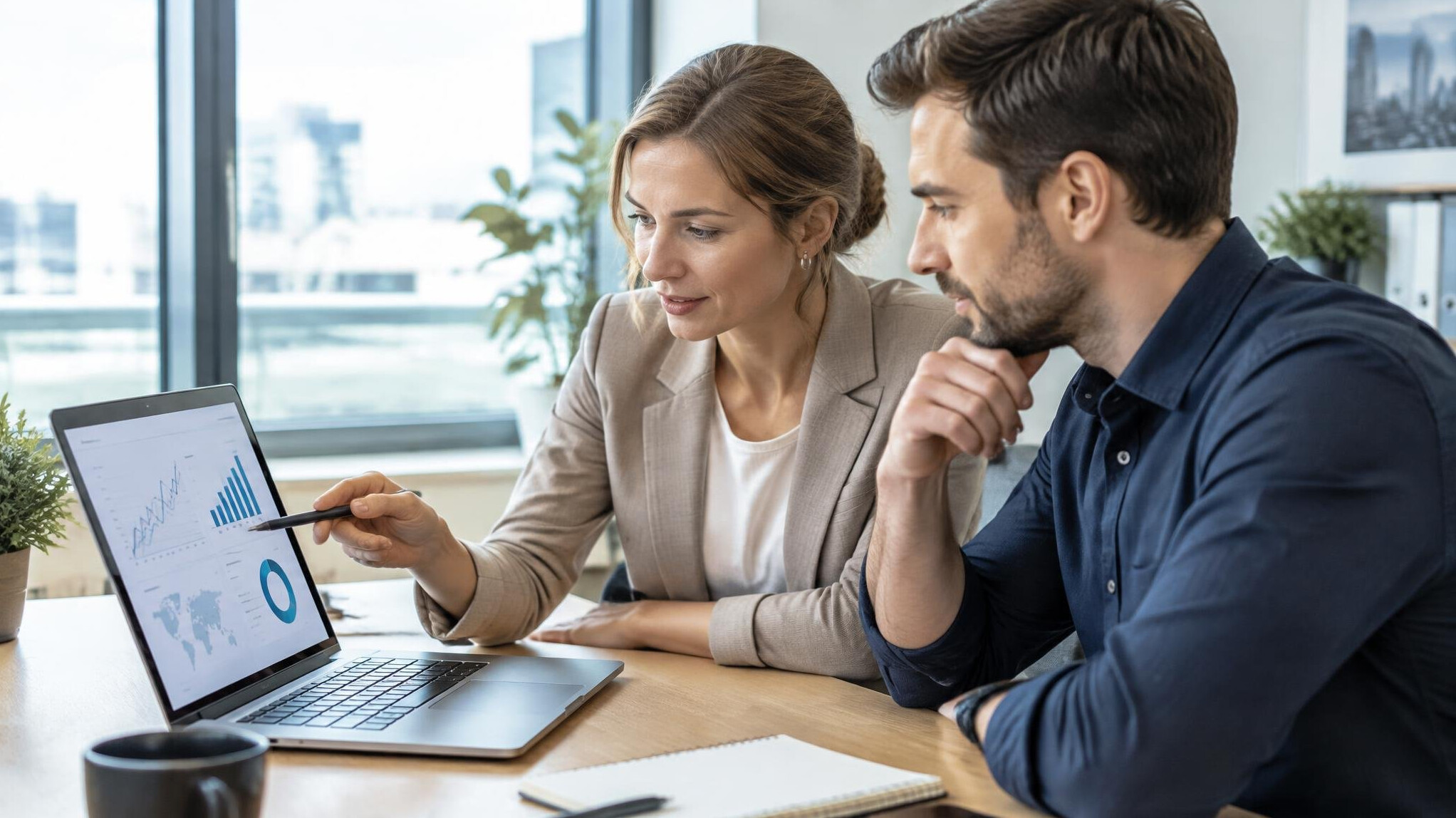 Two colleagues analyzing charts and data on a laptop screen together