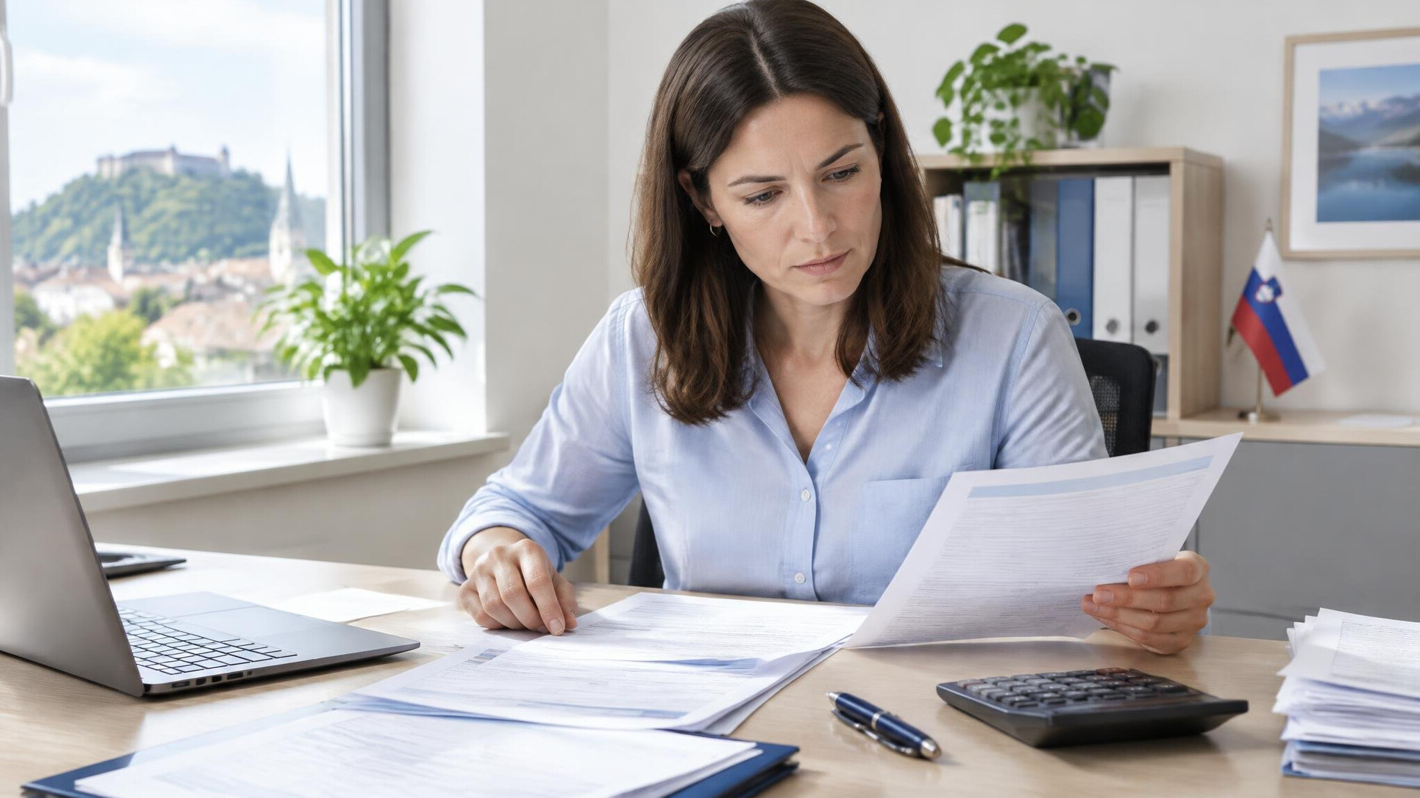 Person reviewing insurance claim documents and forms on a desk with a calculator