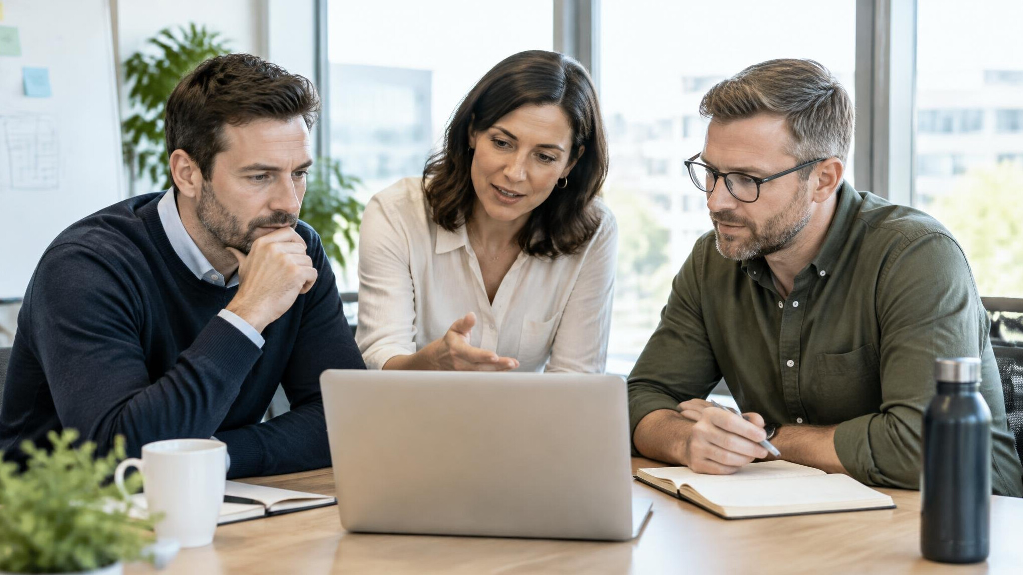 Small team of colleagues discussing a project around a laptop in a bright meeting room